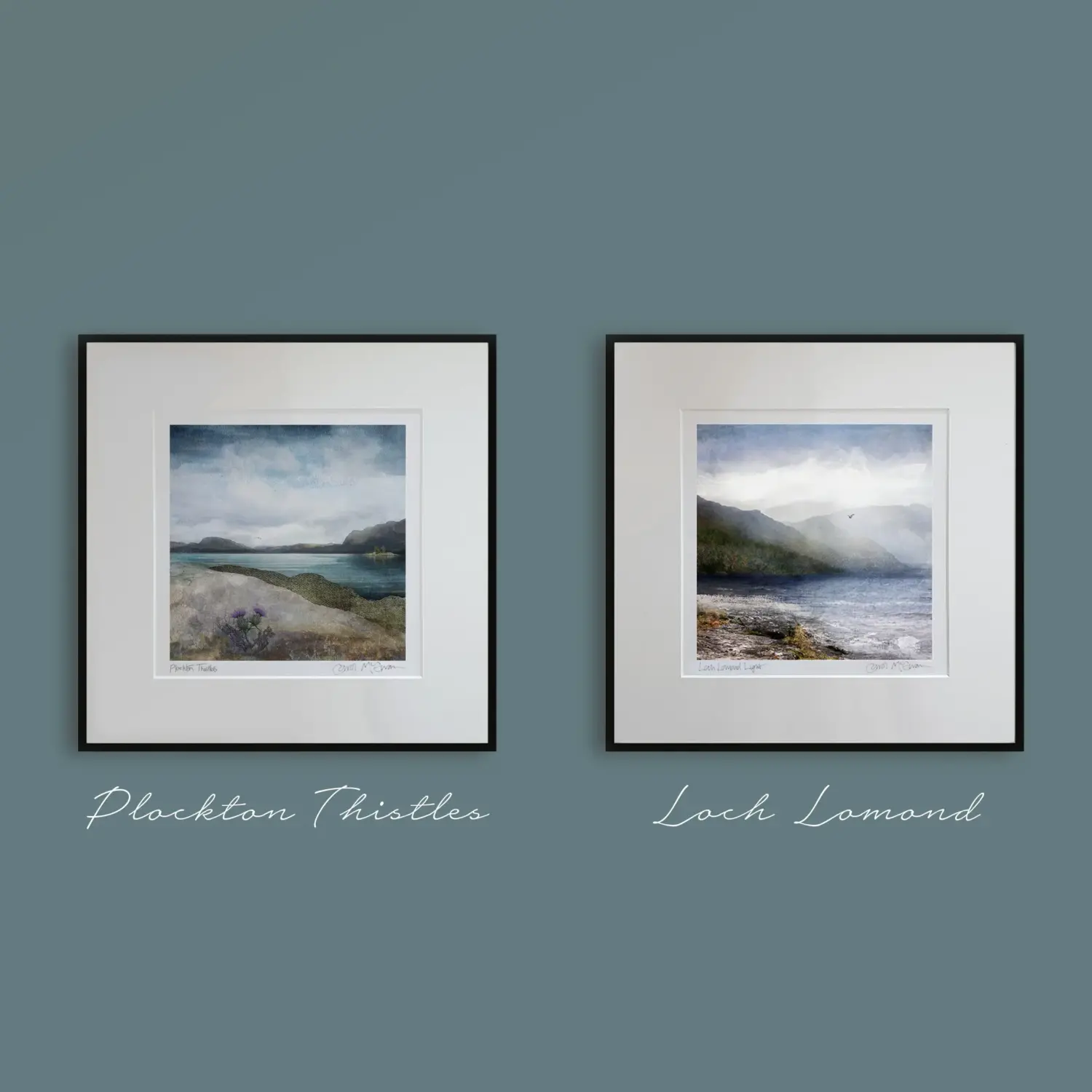 Framed artwork of Scottish landscapes.