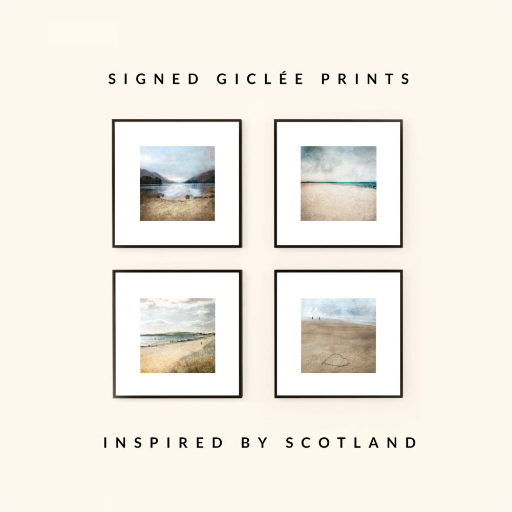 4 prints on a cream background with words Inspired by Scotland