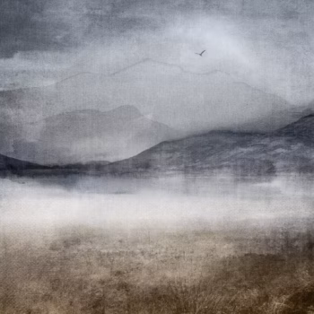 Loch mist artwork - a moody picture of grey hills with white mist and then brown heather texture in the bottom