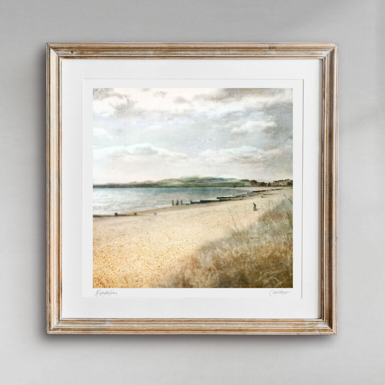 Broughty Ferry Beach framed art print by Carol McEwan. Pale green and neutral coastal decor featuring Dundee sand dunes and houses