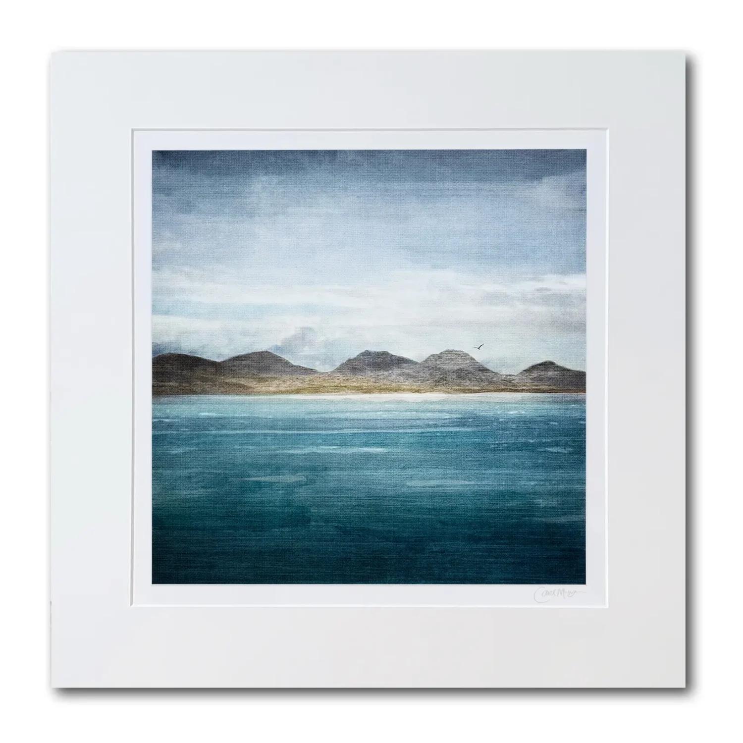 Isle of Jura print mounted. The image has a seascape with deep blue water and hills in the distance which are from the Isle of Jura