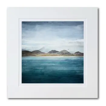 Isle of Jura print mounted. The image has a seascape with deep blue water and hills in the distance which are from the Isle of Jura