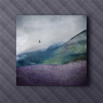 hills of tweed canvas print with no text. The print is an abstract picture of a Scottish hillside with a bird flying above in the distance. There is a tweed texture in the foreground.