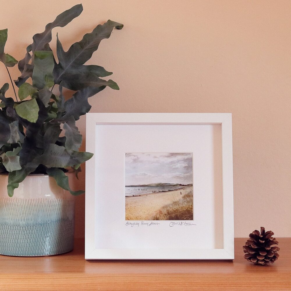 a wee framed Broughty Ferry print on a shelf next to a houseplant and a fir cone to show the scale