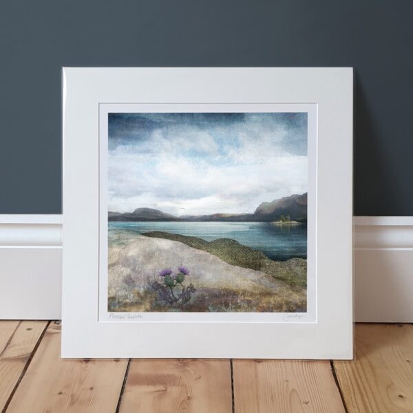 print of Highland village Plockton, looking out over the loch. Hills textured in tweed in the foreground along with a purple thistle