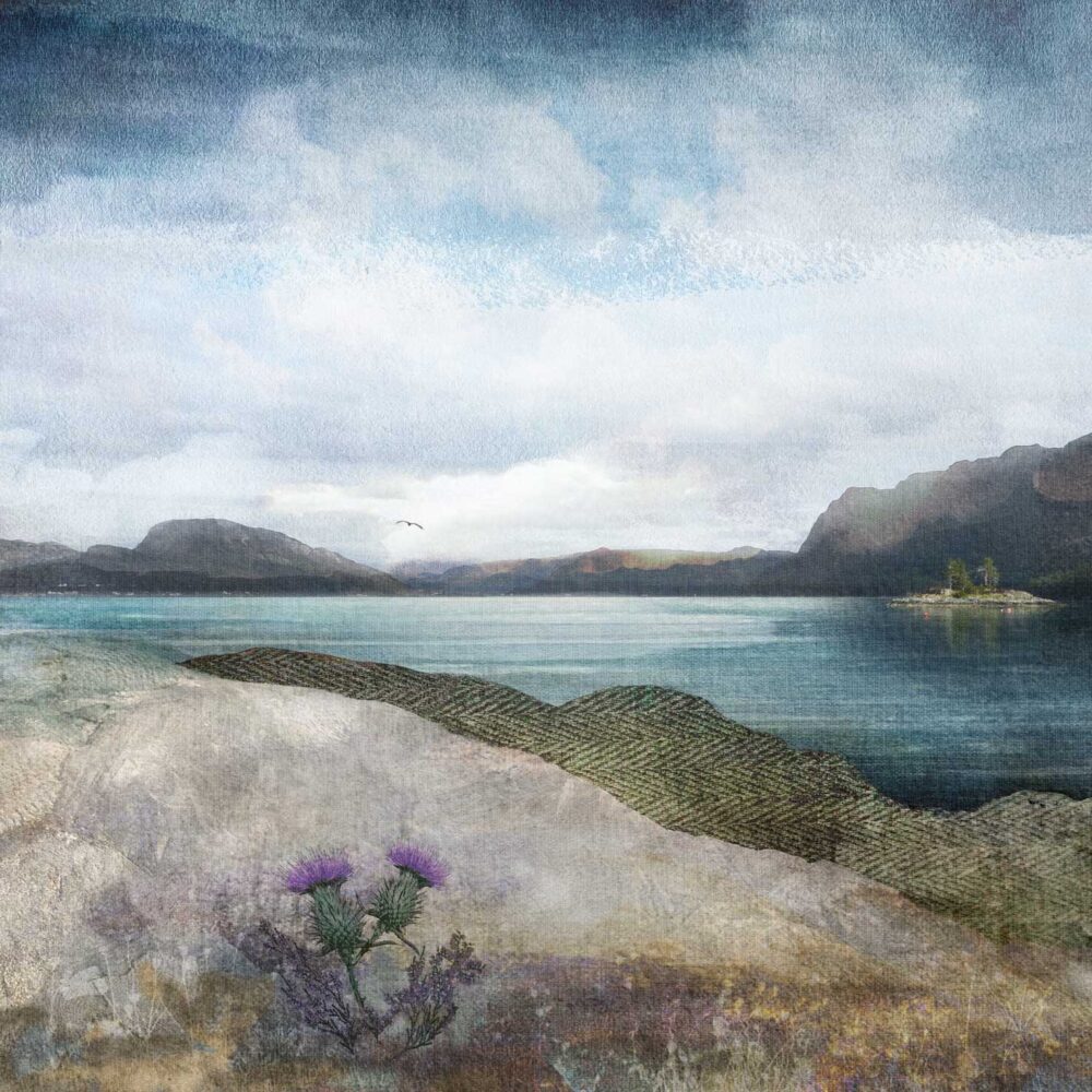 Highland scene of green/blue loch with mountains in the background. Hills textured in tweed in the foreground along with a purple thistle