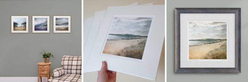 3 images representing Carol McEwan art. First is a photo of 3 photos on a green living room wall. 2nd is a hand holding a 12" mounted print of Broughty Ferry Beach. 3rd is a closeup of a framed print of Broughty Ferry on a green wall.