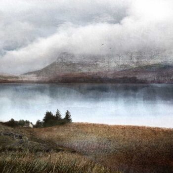 A Scottish art print of Little Loch Broom. There's a wee croft and trees in the foreground, with a silvery, blue loch and hen mountains in the background which fade into dramatic clouds. There's 2 birds in the sky just over the top of the mountains.