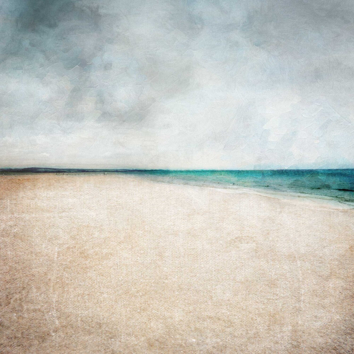 abstract artwork of Kinshaldy beach with the blue green sea in the middle and grey textured sky above. There are 2 peopls walking a dog in the distance and the sand in the bottom half of the artwork has a canvas texture.