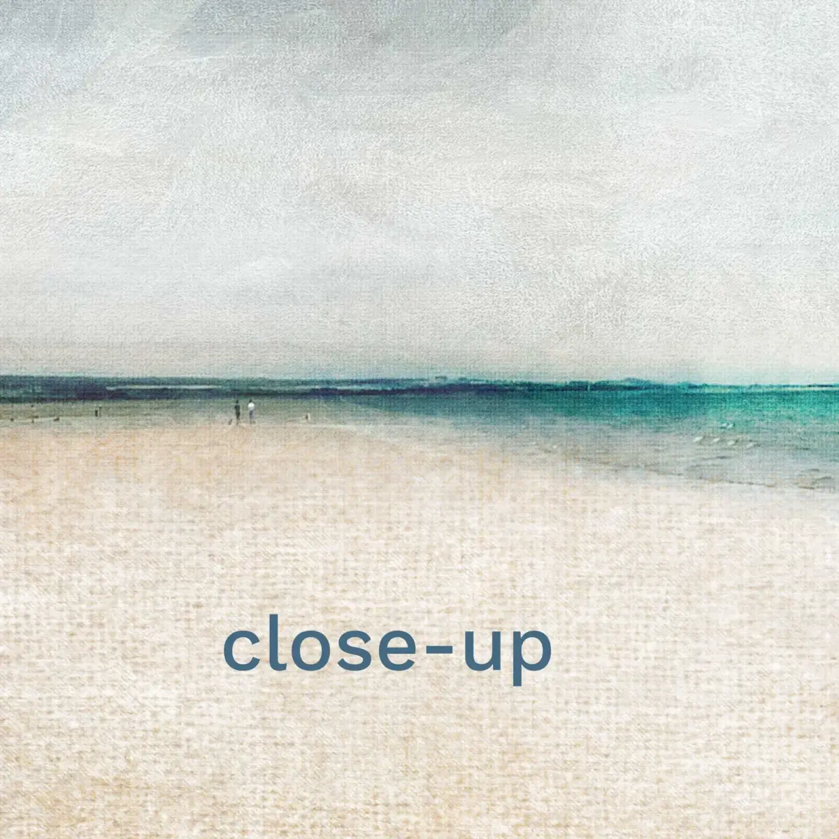 closeup view of abstract artwork of Kinshaldy beach with the blue green sea in the middle and grey textured sky above. There are 2 peopls walking a dog in the distance and the sand in the bottom half of the artwork has a canvas texture.