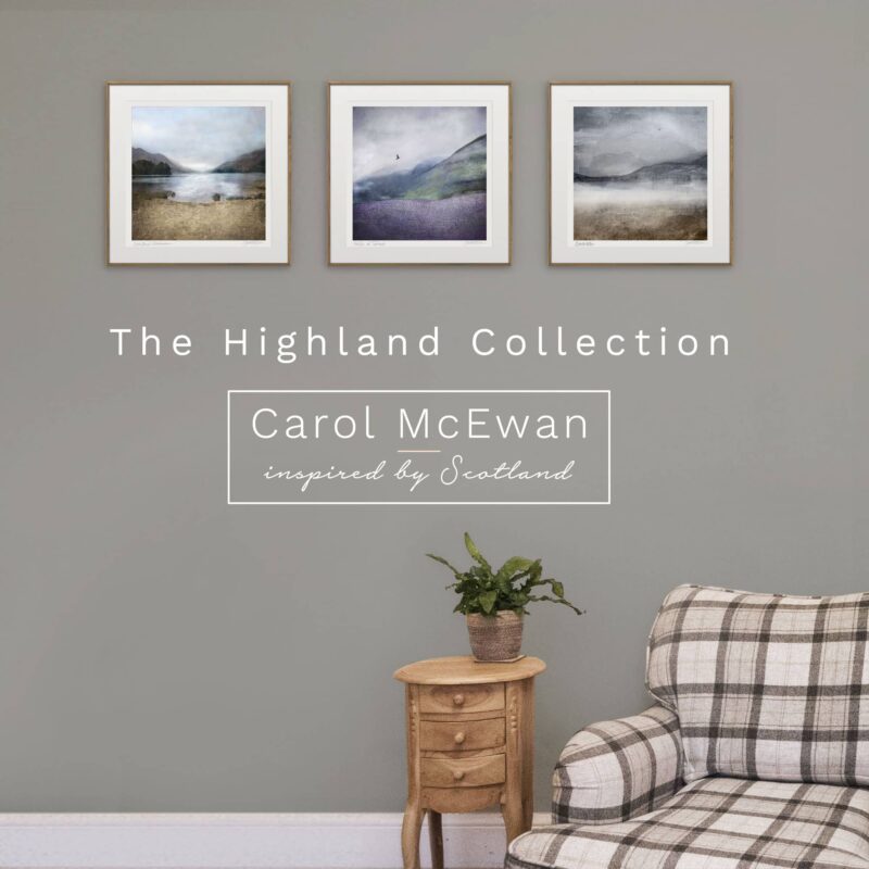 3 framed prints on a cream wall with a tartan chair and wee table to show how they would look in a living room