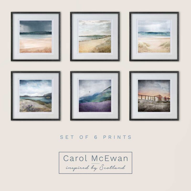 set of 6 prints hanging on a cream wall with slim black frames. They all look good with 3 on the top row and 3 on the bottom row