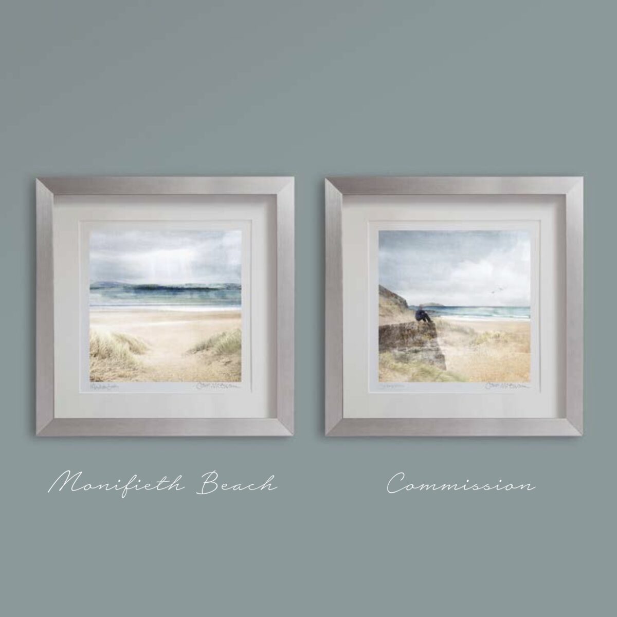 2 pictures on a blue wall in silver frames. One is a beach print called Monifieth beach and the other print is a commission but matches it in colours