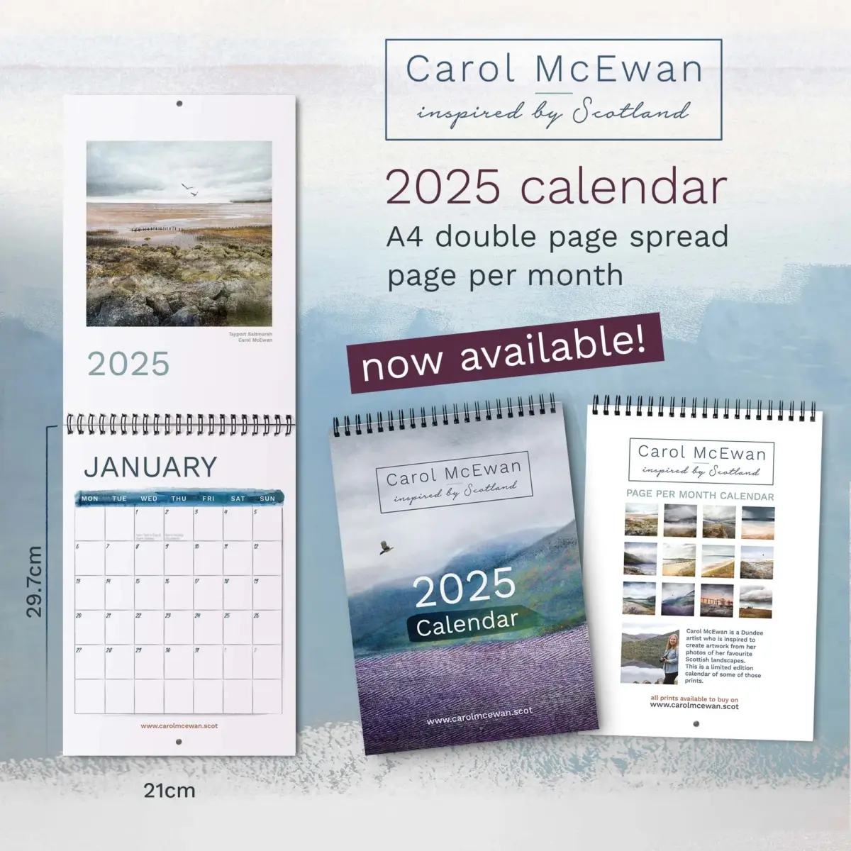 A4 calendar with picture of one calendar open and the other one closed. The front cover has a purple and green hills print