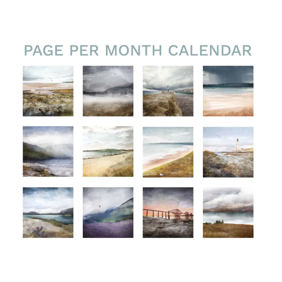 a grid of all the calendar months. 12 small images of Carols Scottish landscape prints, 1 for each month