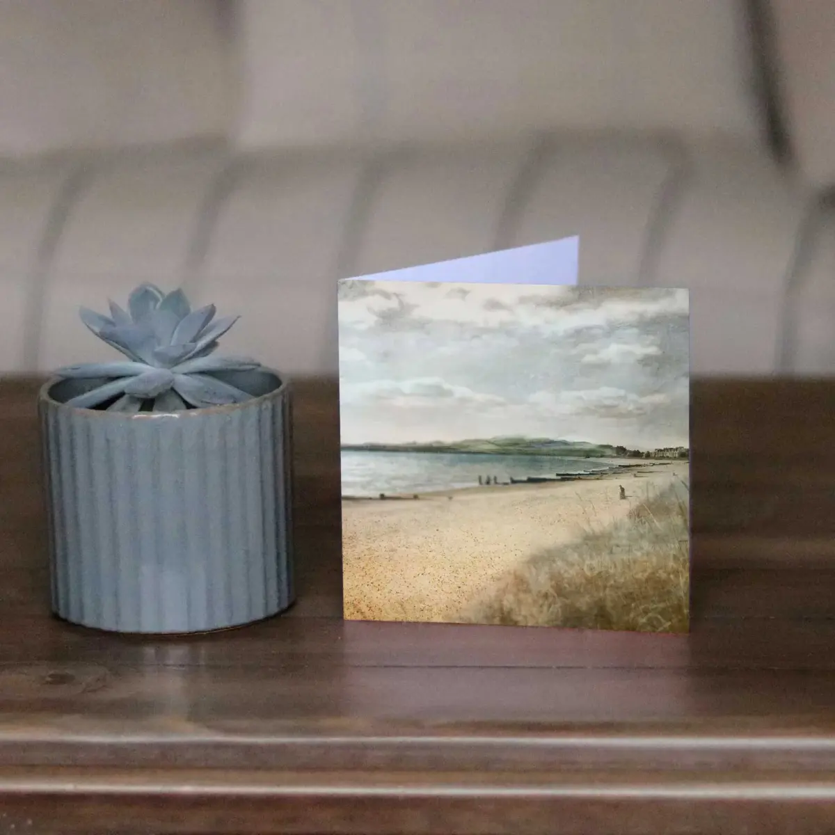 card on table next to small plant