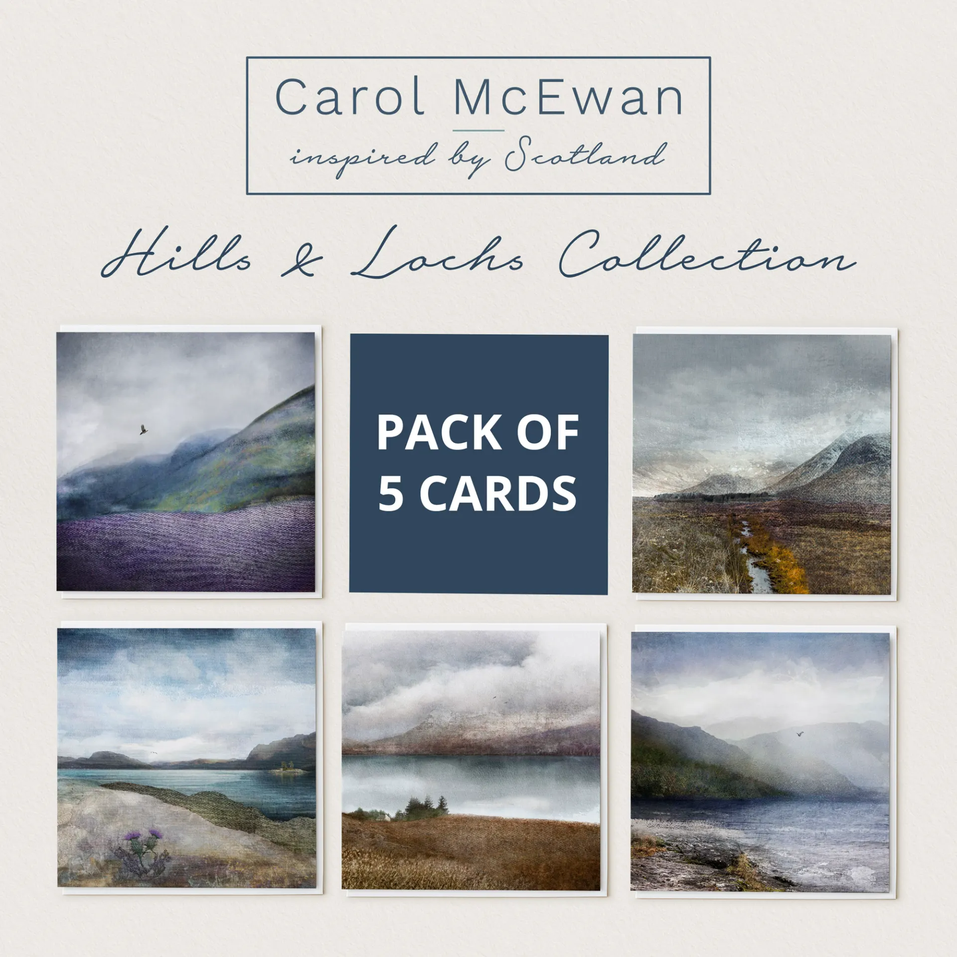 pack of 5 cards - Scottish lochs & mountains prints by Dundee artist Carol McEwan