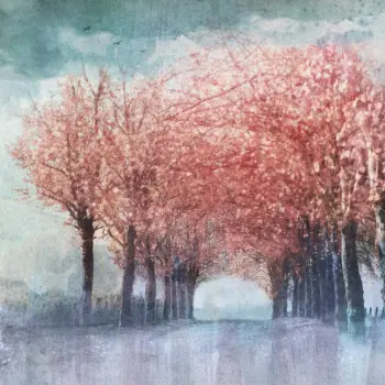 The Avenue art print by Carol McEwan. A picture of a tree lined road in Spring with pinky coloured trees and greeny blue cloudy skies