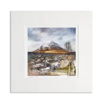 Buachaille Etive Mòr is a renowned Munro peak in Scotland. This print shows it in winter with brown heathers and snow on the Stob Dearg peak. In the foreground is neutral colours, a tree and water cascading over rugged rocks. In the middle ground is a tweed texture landscape. The clouds are grey and dramatic with 2 birds circling the summit of the mountain