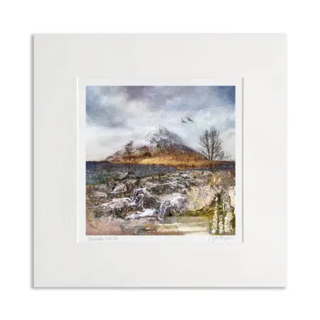 Buachaille Etive Mòr is a renowned Munro peak in Scotland. This print shows it in winter with brown heathers and snow on the Stob Dearg peak. In the foreground is neutral colours, a tree and water cascading over rugged rocks. In the middle ground is a tweed texture landscape. The clouds are grey and dramatic with 2 birds circling the summit of the mountain