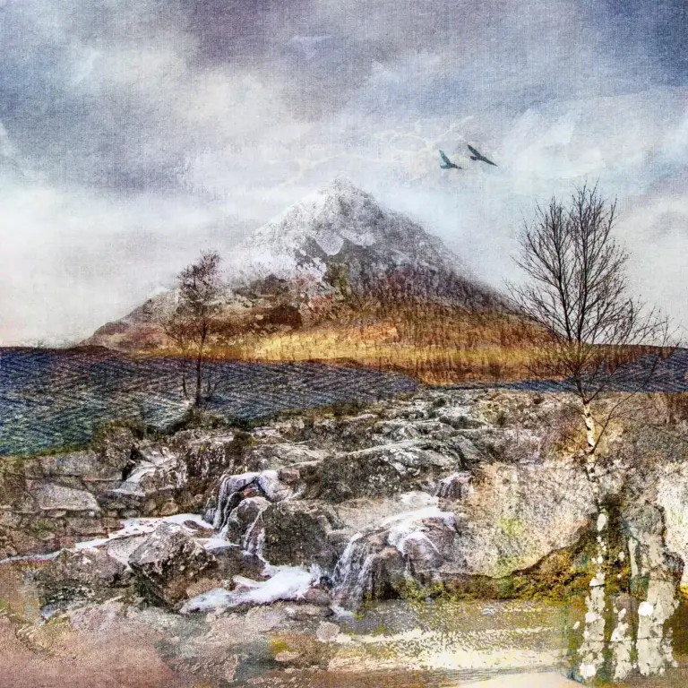 Buachaille Etive Mòr is a renowned Munro peak in Scotland. This print shows it in winter with brown heathers and snow on the Stob Dearg peak. In the foreground is neutral colours, a tree and water cascading over rugged rocks. In the middle ground is a tweed texture landscape. The clouds are grey and dramatic with 2 birds circling the summit of the mountain