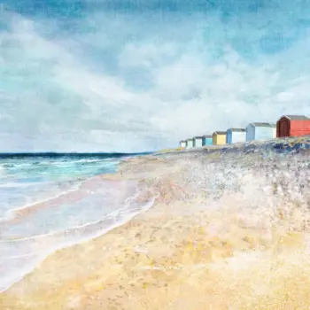 Findhorn Beach art print featuring colorful beach huts on a sandy shoreline with textured blue sea and sky.