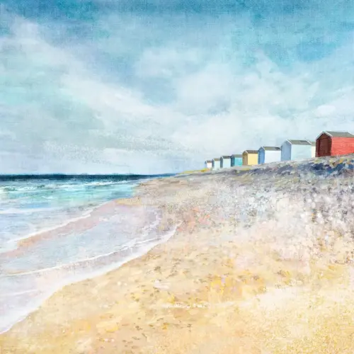 Findhorn Beach art print featuring colorful beach huts on a sandy shoreline with textured blue sea and sky.