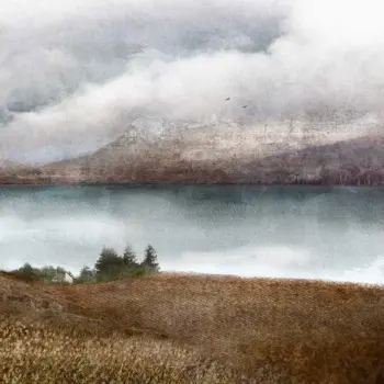 A Scottish art print of Little Loch Broom. There's a wee croft and trees in the foreground, with a silvery, blue loch and hen mountains in the background which fade into dramatic clouds. There's 2 birds in the sky just over the top of the mountains.