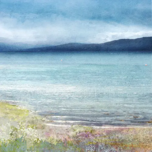 Fine art Giclée print titled Sound of Mull by Carol McEwan showing a serene Hebridean sea view with subtle tweed texture and wildflowers in the foreground.