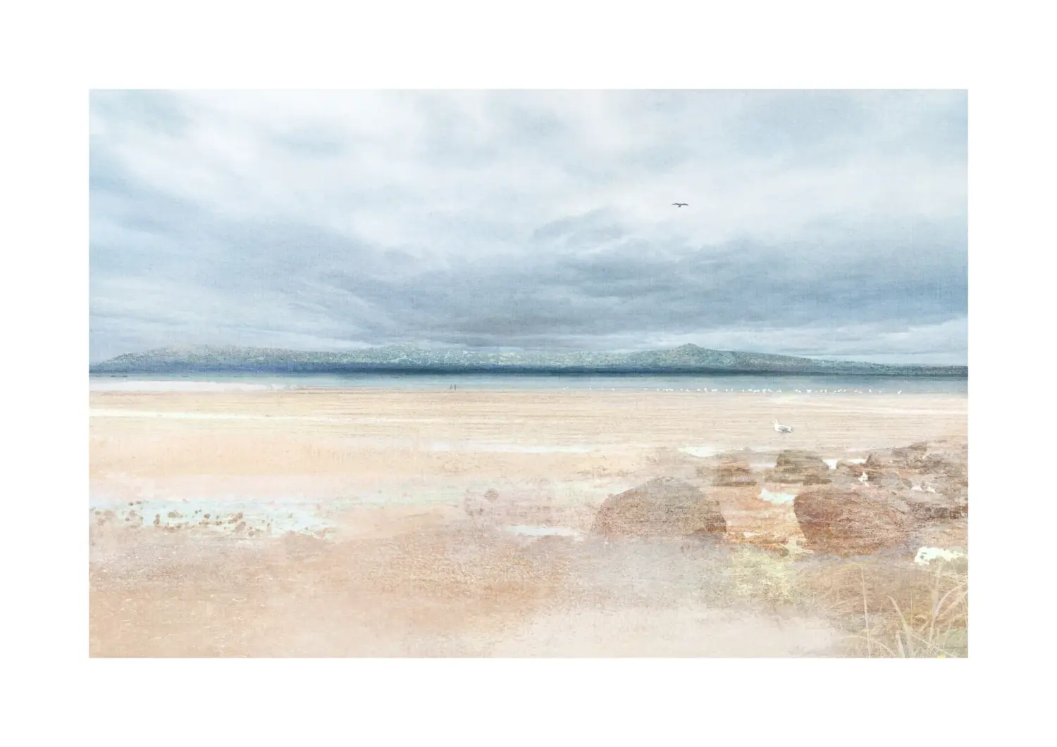 Seton Sands beach art print in A2 gold frame. East Lothian coastal landscape with textured tweed overlay and Fife hills in the distance