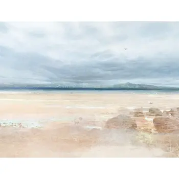 A landscape art print of Seton Sands beach in East Lothian, Scotland, featuring a wide sandy shore at low tide with a textured tweed overlay. In the distance, the hills of Fife are visible under a soft, overcast sky, with a single seagull on the sand and rocks in the foreground.