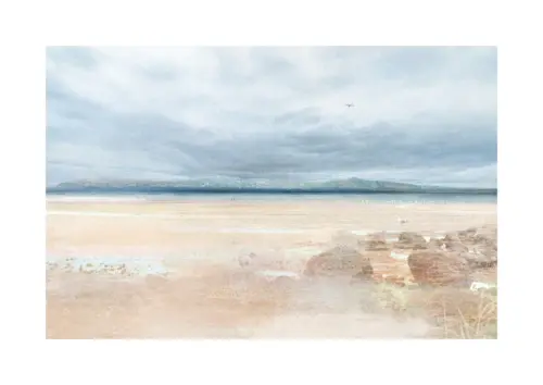 Seton Sands beach art print in A2 gold frame. East Lothian coastal landscape with textured tweed overlay and Fife hills in the distance