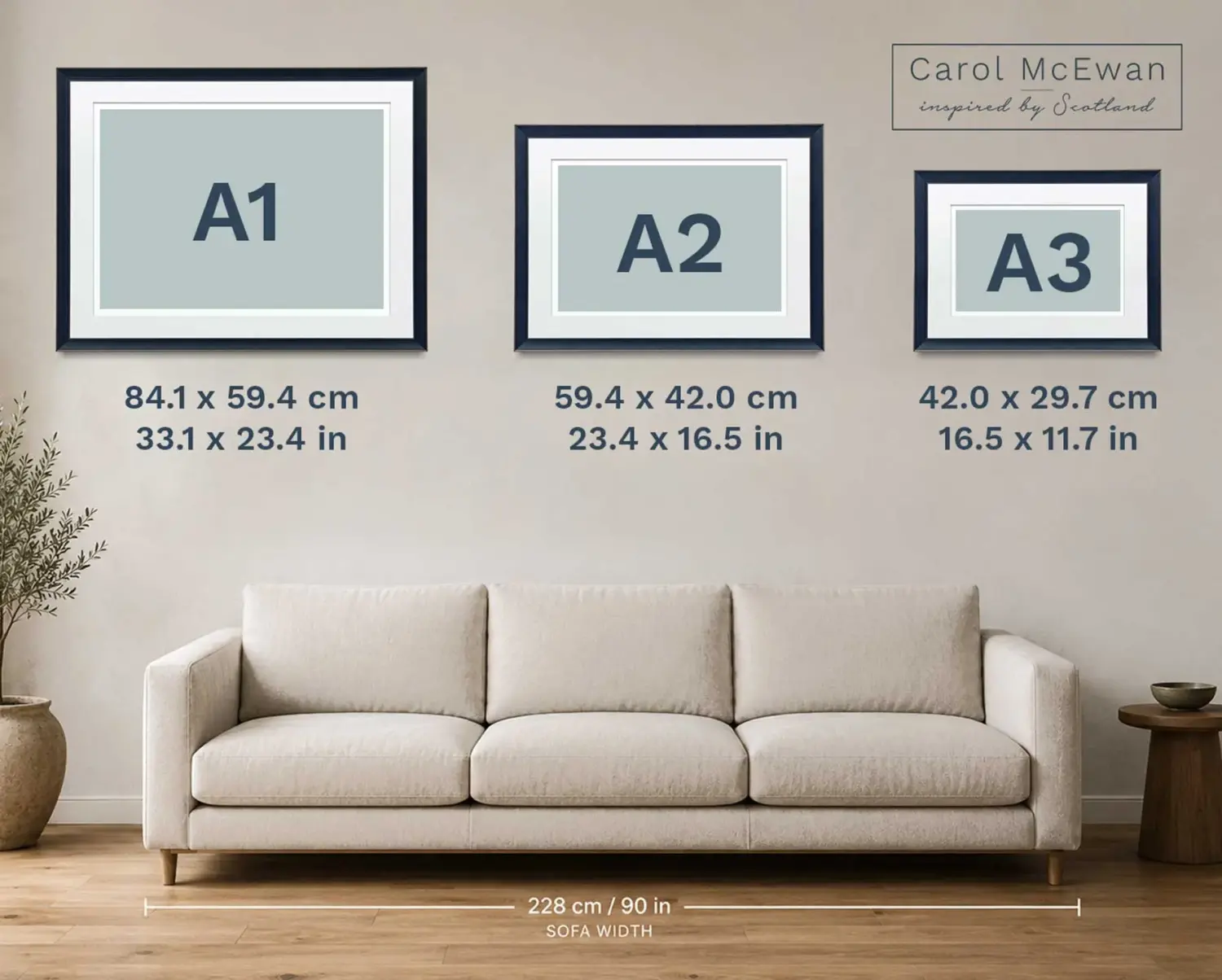 Carol McEwan standard print sizes on living room wall to show scale to help customer decide on size