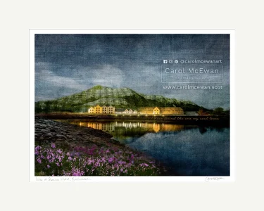 A dark and moody print of a hotel on Loch Leven with reflections of the building in the water. There's a hill in the background which has a tartan texture and purple heather in the foreground.