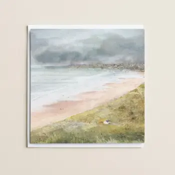 Scottish bothy on beach artist greetings card